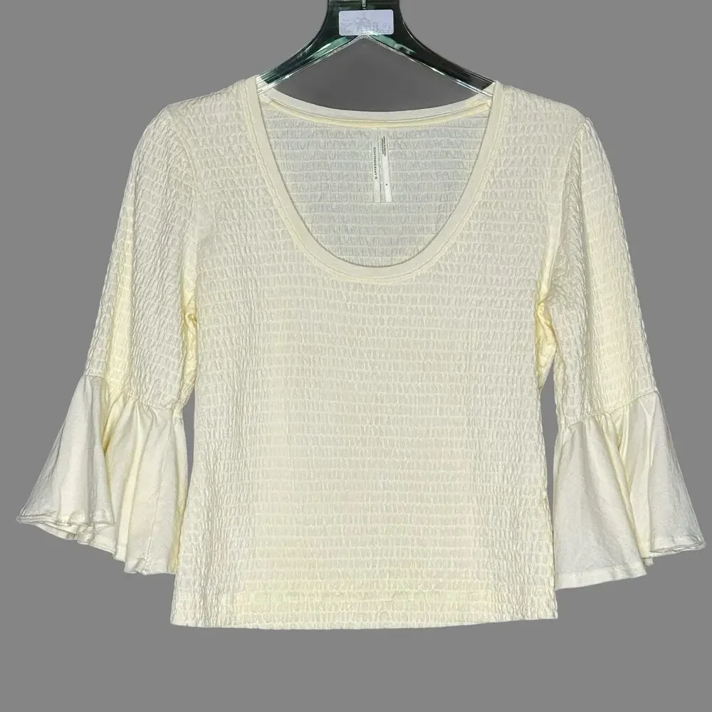 Anthropologie S Womens Smocked Bell Sleeve Top Scoop Neck Classic Cream